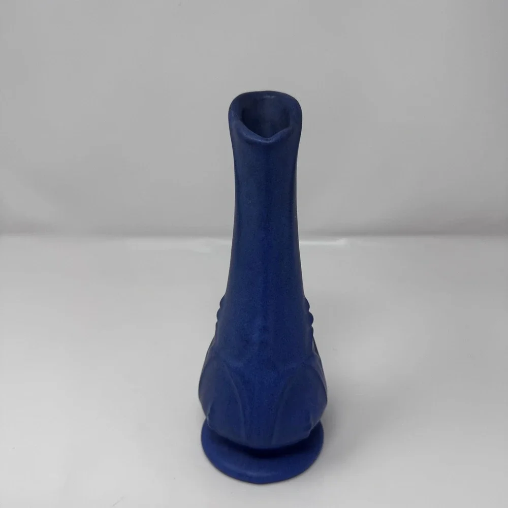 Matte Cobalt Blue Ceramic Bud Vase Art Nouveau Style Embossed Floral 8 Inch